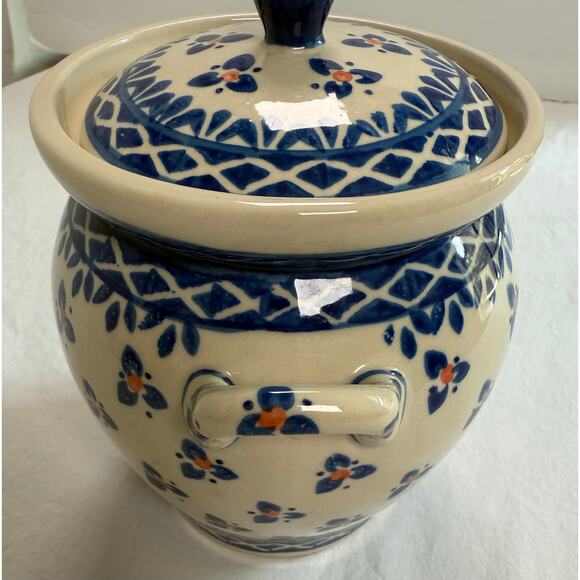 Boleslawiec Polish Pottery Medium Canister Blue Orange Hand Made - Picture 2 of 10